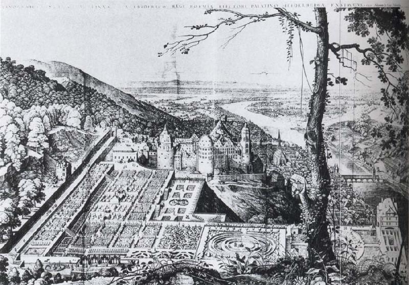 Salomon de Caus Bird-s-eye view of the Palatine garden at  Heidelberg oil painting image